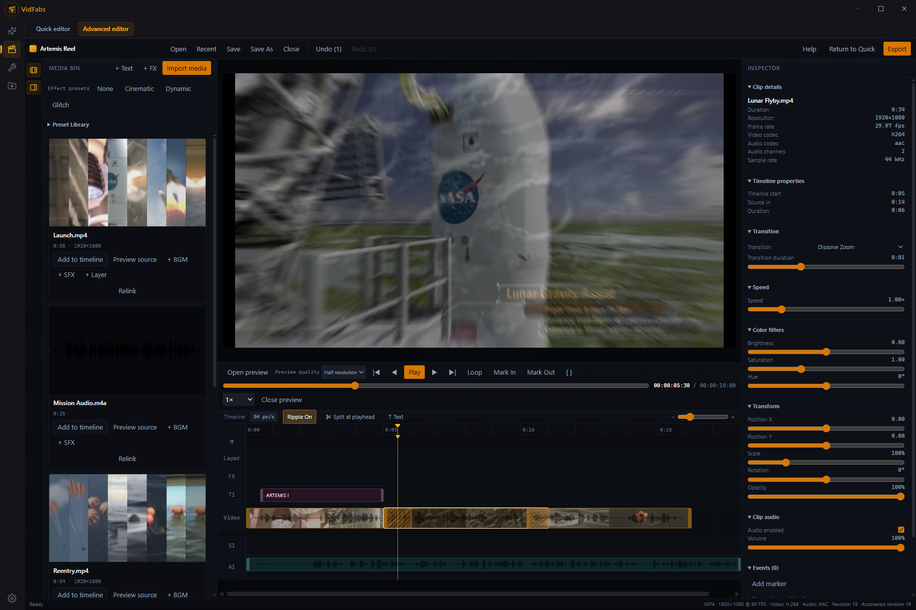Advanced editor inspector with transition and transform settings for the selected clip