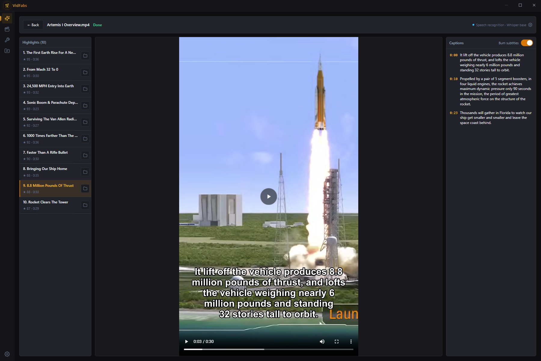 AI Clips results: captioned vertical highlights generated from a long video
